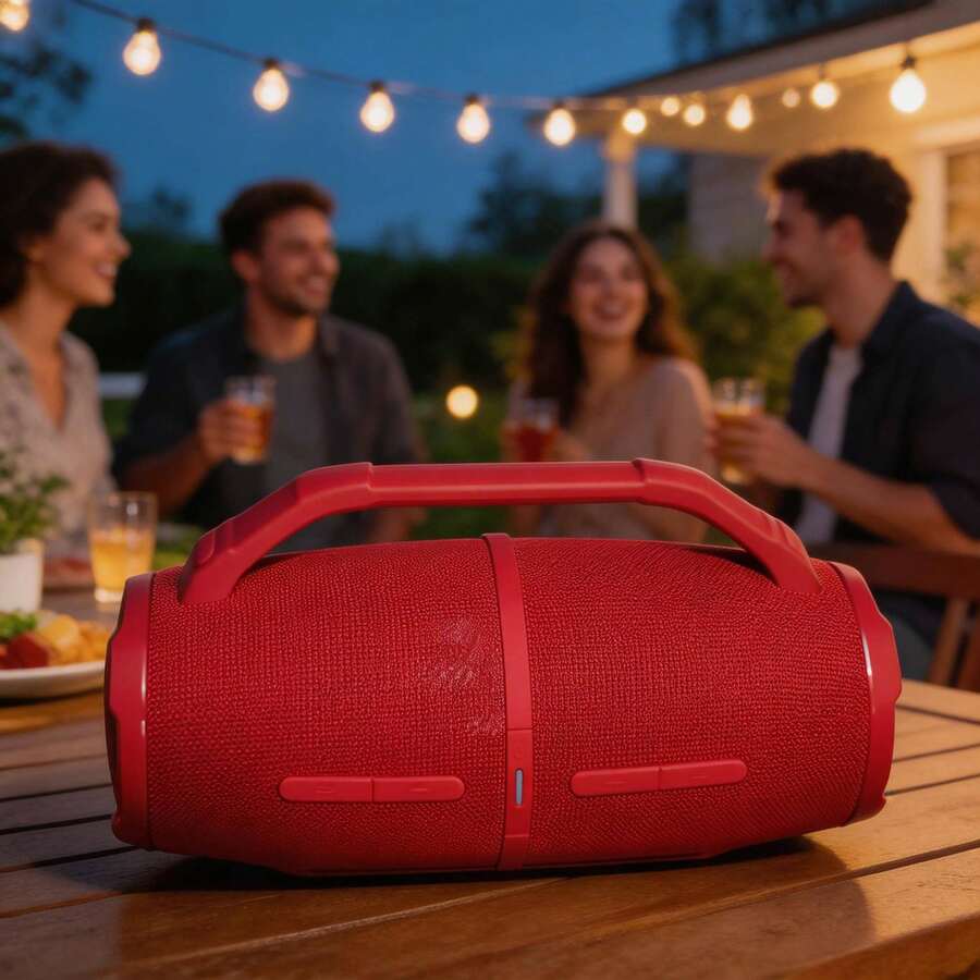 Bocina portátil inalámbrica roja con asa, luces LED y diseño resistente al agua - Rojo - Ver 1