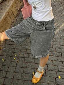 女士休闲及膝阔腿宽松百慕大牛仔短裤，适合夏季度假、海滩、乡村音乐节等场合 - 灰色 - 查看 2