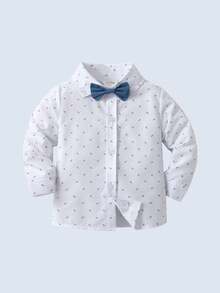 BOARNSEORL 2pcs Baby Boys Gentleman Outfit, Long Sleeve Random Print Shirt With Bow Tie And Bib Pants, Fashionable & For Birthday Party, Wedding, Christening, 1st Birthday - Blue - View 5