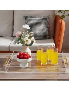 1pc Acrylic Transparent Tray With Gold Handle, Leak-Proof Serving Tray, Decorative Tray, Suitable For Coffee Table, Counter, Snacks, Breakfast, Vanity - Clear - View 1