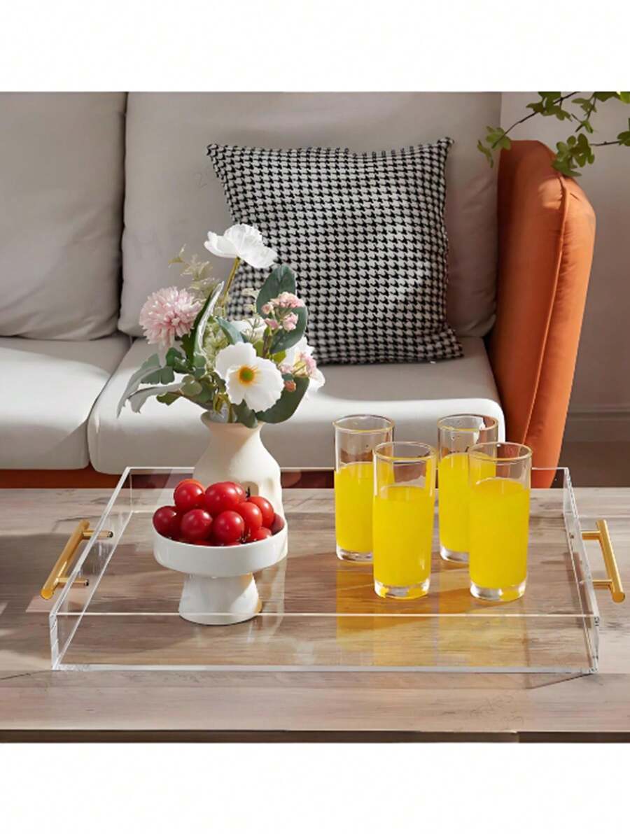 1pc Acrylic Transparent Tray With Gold Handle, Leak-Proof Serving Tray, Decorative Tray, Suitable For Coffee Table, Counter, Snacks, Breakfast, Vanity - Clear - View 1