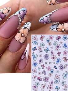 2pcs 3D Colorful Floral Nail Art Stickers, Self-Adhesive Purple, Pink, Blue Flower & Butterfly Nail Decals, Elegant Glossy Nail Art Decorations For Spring/Summer DIY - Multicolor - View 4
