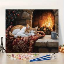 Uso artístico profesional, 1 pieza Gato durmiendo la siesta junto a la chimenea - Kit de pintura digital DIY para principiantes - 40.64x50.8 cm - Sin marco - Adecuado para estudiantes de arte - Kit de pintura digital DIY - Pinturas profesionales - Pintar por números - Set de arte artesanal - Pintar - Sin marco - Ver 2
