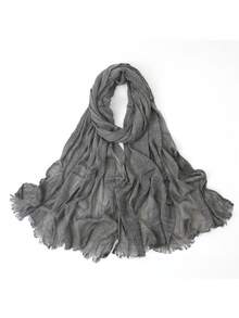 1件亚麻纯色头巾，穆斯林人造丝褶皱流苏边头巾，适合搭配长袍，夏季沙滩围巾/披肩 - 彩色 - 查看 21