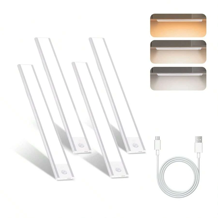 CANMEIJIA 4 Piezas Luz Led Con Sensor De Movimiento 20CM,Barra De Luz LED Recargables con 3 Colores y Brillo Ajustable,Luz LED para Cocina,Clóset,Pasillo,Escaleras,Incluye Cable USB,Aluminio Plateado - Blanco - Ver 1