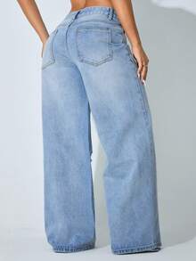 Quần jeans nữ ống rộng cạp thấp màu xanh dương bạc màu, túi xéo, dáng suông, thích hợp cho mùa xuân. - Màu xanh nhạt - Xem 2