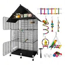 Jaula de Pájaros Grande Móvil con Almacenaje y Techo con Juguetes | Ideal para Aves de Tamaño Grande y Medio - L - Ver 2