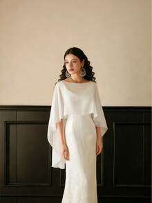 1pc Short Chiffon Bridal Cape, Women Pullover Shawl To Pair With Dress And Vest Fall Clothes For Women - White - View 6