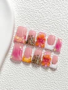 10Pcs Sweet French Style Handmade Nail Art Set,Polygel Nail Set,Hand-Sculpted Five-Petaled Flower,Champagne-Colored Teardrop Diamonds Nail Art Accessories,Hand-Painted Solid Color Water Droplets,White Branch Polka Dots,White And Yellow Nail Polish,Comes With Nail Tools(1 Sheets Jelly Stickers+1PC Nail File)3 Sizes Available,Almond Nails, Duck Nails,Coffin Nails - 彩色 - 查看 2