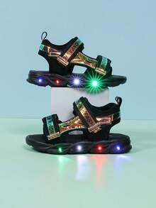 1 Pair Cute Baby/Kids Fashion LED Light-Up Leather Breathable Sneakers, Suitable For Boys And Girls - Casual, Shock-Absorbing, All-Season Non-Slip Outdoor Running And Walking Shoes - Black - View 1
