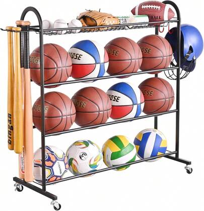 Estantería para baloncesto, almacenamiento con ruedas para pelotas con soporte para bates de béisbol y ganchos, almacenamiento de equipos deportivos con ruedas para accesorios de voleibol, fútbol y baloncesto, acero con recubrimiento en polvo