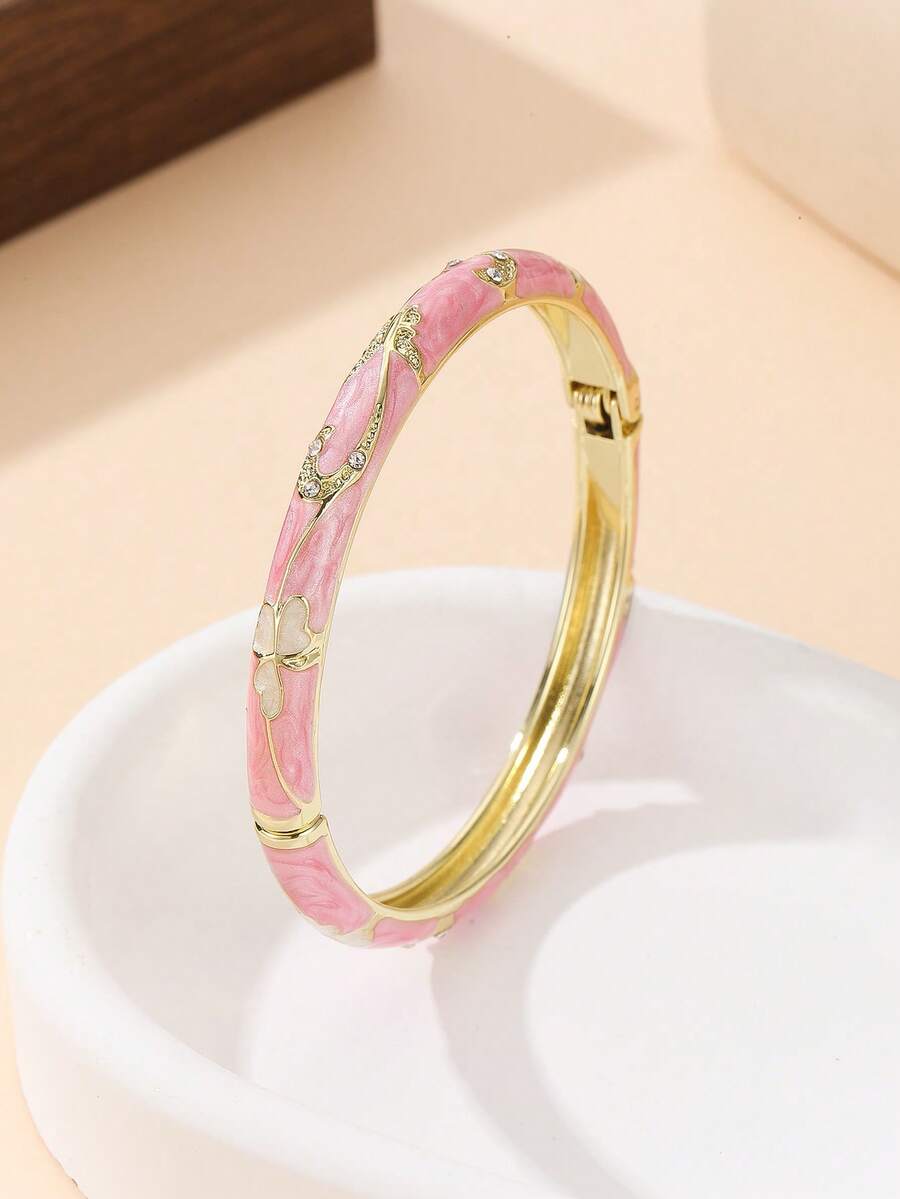 1 pieza Nuevo brazalete de flores de esmalte con diamantes de imitación estilo cloisonné, regalo de joyería para mujeres y niñas - Rosa - Ver 1