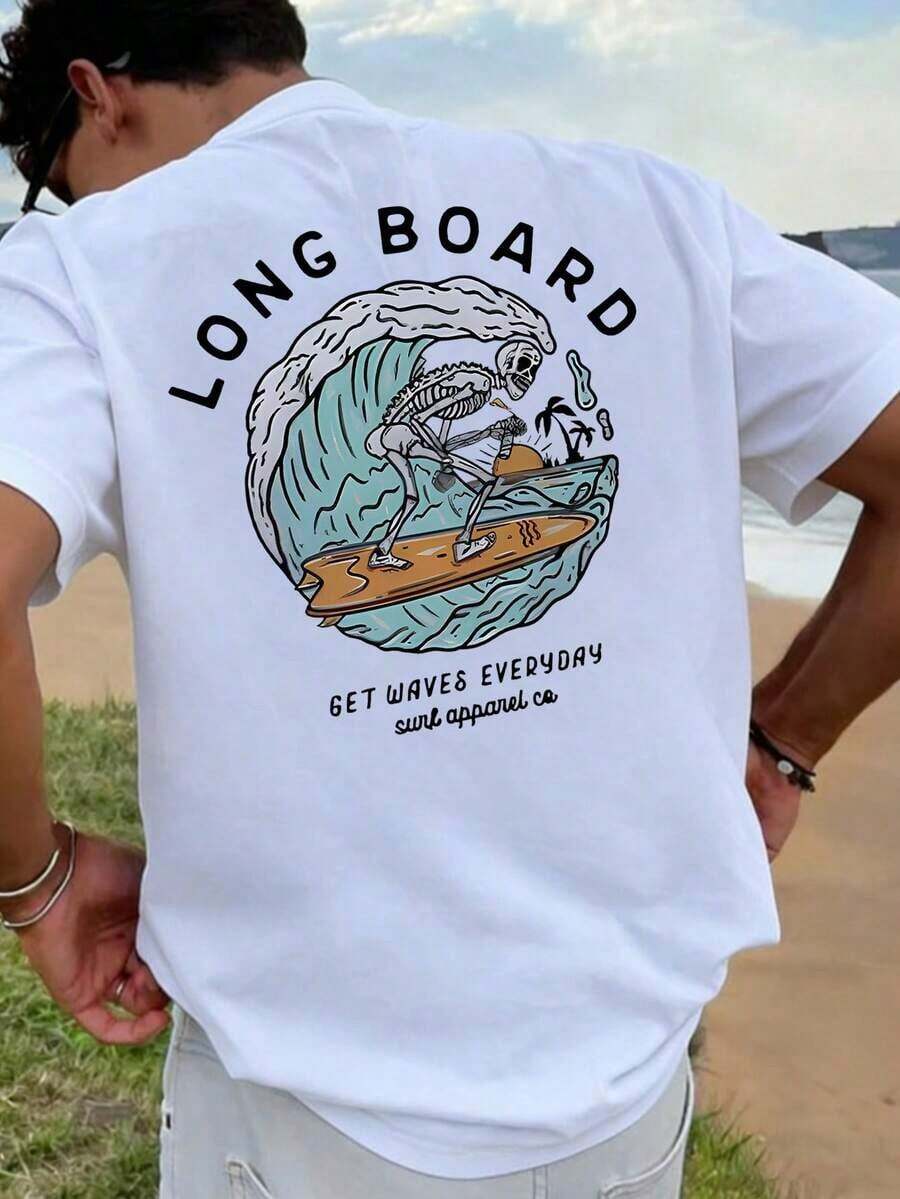 Men's Short Sleeve T-Shirt With Beach And Surf Elements Print, Comfortable And Breathable, For Summer Use - White - View 1