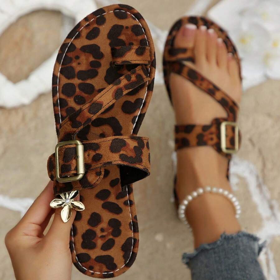 2026 New Retro Leopard Print Slippers For Women, Adjustable Buckle Flat Sandals Suitable For Party, Beach, Daily Wear - Coffee Brown - View 1