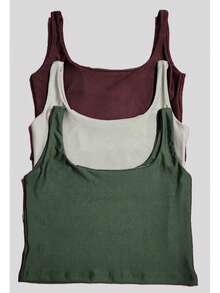 Set Of 3 Cropped Tank Tops, Blogger Style, New Release - Verde militar, beige, marrón café - Ver 4