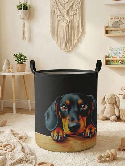 1 chiếc giỏ đựng đồ tròn gấp gọn in hình chú cún hoạt hình, có tay cầm, dung tích lớn, đa năng, thích hợp để đựng đồ dùng cho trẻ sơ sinh, tã em bé, quần áo, đồ chơi.