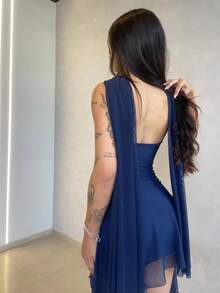 Women's Aycha Shaping Dress In Suplex Fabric With Tulle, V-Neck, And Multifunctional Scarf - Navy Blue - View 2