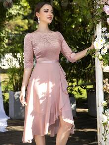 MIUSOL Đầm chữ A bằng chiffon, cổ thuyền, viền bèo nhún, ren hoa, lệch vai, thích hợp làm đầm dự tiệc cưới, đầm mùa xuân, đầm dự tiệc Ngày của Mẹ. - Hồng - Xem 4