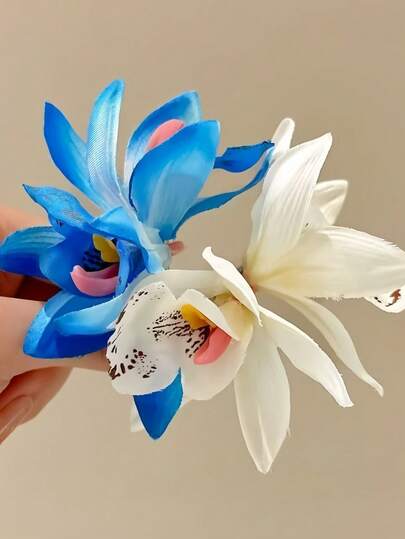 1 Stück elegante blaue Orchideen Blumen Haarspange für Mädchen, bohemischer künstlicher Blumen Haarschmuck, Urlaubs Strand Haarzubehör