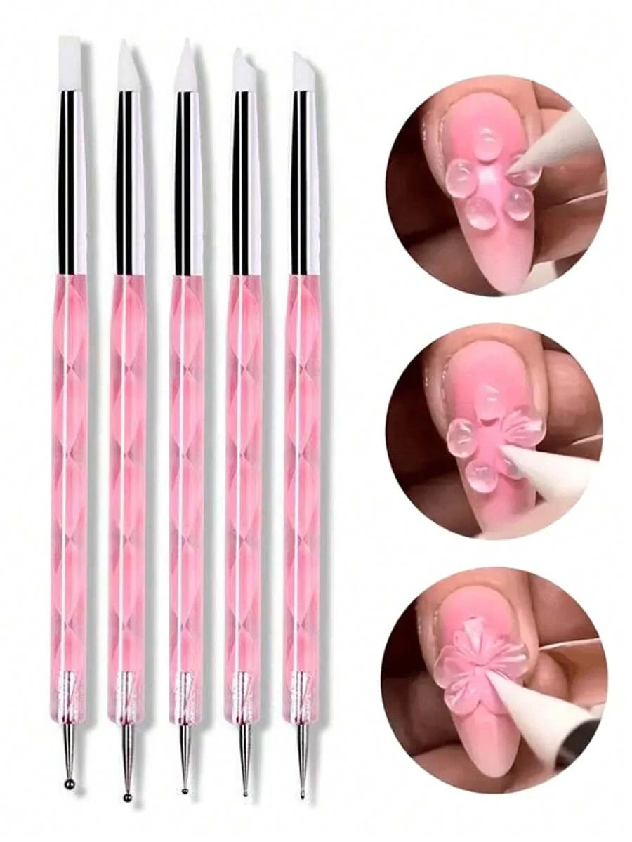 5 st/lott professionell 2-vägs nagelkonst akryl silikon spetsblomma nagelpenna rostfritt stål prickverktyg marmoreringspennor - Rosa - Visa 1