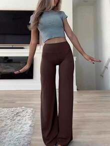 Pantalones acampanados ajustados de unicolor elegantes y modernos para el trabajo y el deporte para mujer, primavera - Café integral - Ver 10