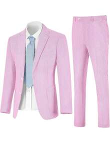 Men's Two-Piece Suit, Seersucker Fabric, Elegant Suit Jacket, Matching Trousers, Casual Business Wedding Suit, Men's Formal Suit, Wedding, Business Caformal Event Attire, Elegant Men's Wear, Exquisite Appearance, High-Quality Seersucker Material - 粉色 - 查看 3