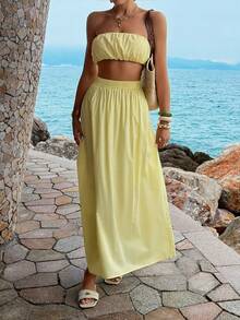 Women's Sexy Strapless 2 Pieces Set In Yellow, Suitable For Party, Beach And Daily Wear, Summer - Yellow - View 9