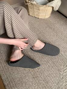 XIXITIAO 男女通用黑白竖条纹拖鞋，四季皆宜的室内鞋，舒适轻便，软底静音地板拖鞋 - 黑色 - 查看 6