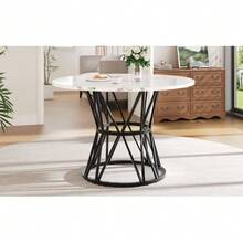 Round Dining Table (100*100*76cm), Kitchen Dining Table, Round Coffee Table For 4 People, Suitable For Dining Room, Living Room, Stylish Metal Table Legs, MDF Marble Tabletop, Black - 黑色 - 查看 4
