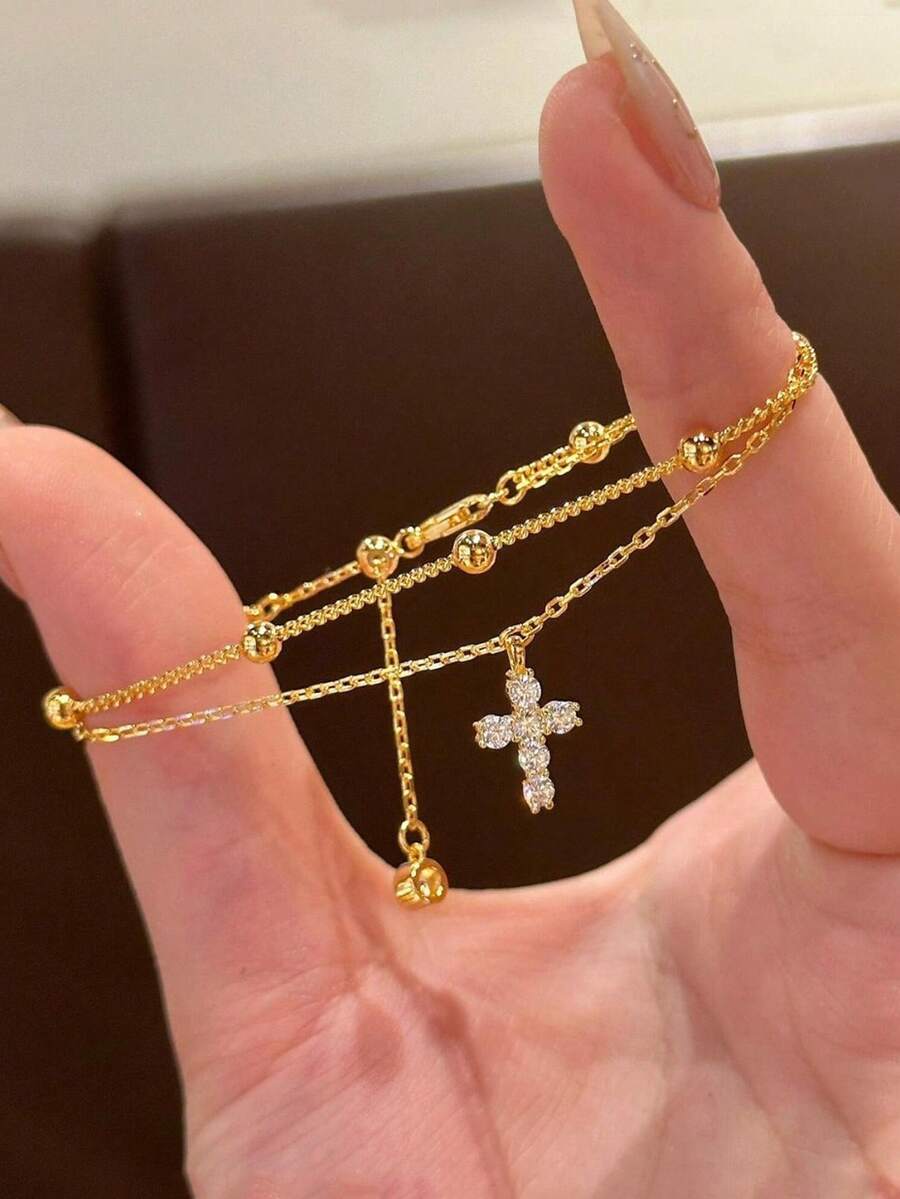 HOTNICE Vòng tay hai lớp hạt hình chữ thập, thời trang và sang trọng, phù hợp cho phụ nữ đeo hàng ngày. - Vàng - Xem 1