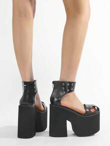 Summer Wide Fit Heeled Sandals Women Metal Rivet Punk Wedge Heels Platform Sandals Ankle Strap Ladies Cosplay Shoes With Zipper - Black - View 6