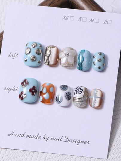 10pcs/Set Handmade Short Round Palm Pieces In Y2K Mint Blue Style & 3D Hand Carved Patterns & Hand Painted Flower Gradient Blending Droplet Design Nail Decoration. 1 Piece Of Jelly Gel And 1 Piece Of Nail File. Perfect For Daily Life As Well As For Costumes At Coachella Music Festival, Press On Nails And Nail Care Products.