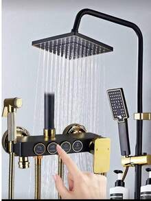 Shower Systems With 8-Inch Rain Shower Head And Handheld, Black Gold Exposed Shower System, 4-Function Tub Shower Faucet Sets, Rain Shower Head With Handheld Spray, Complete Shower System Kit With Brass Valve (Some Parts And Packaging May Be Random) Bathroom Bathroom Accessories Bathroom Tools - Black Gold - View 1