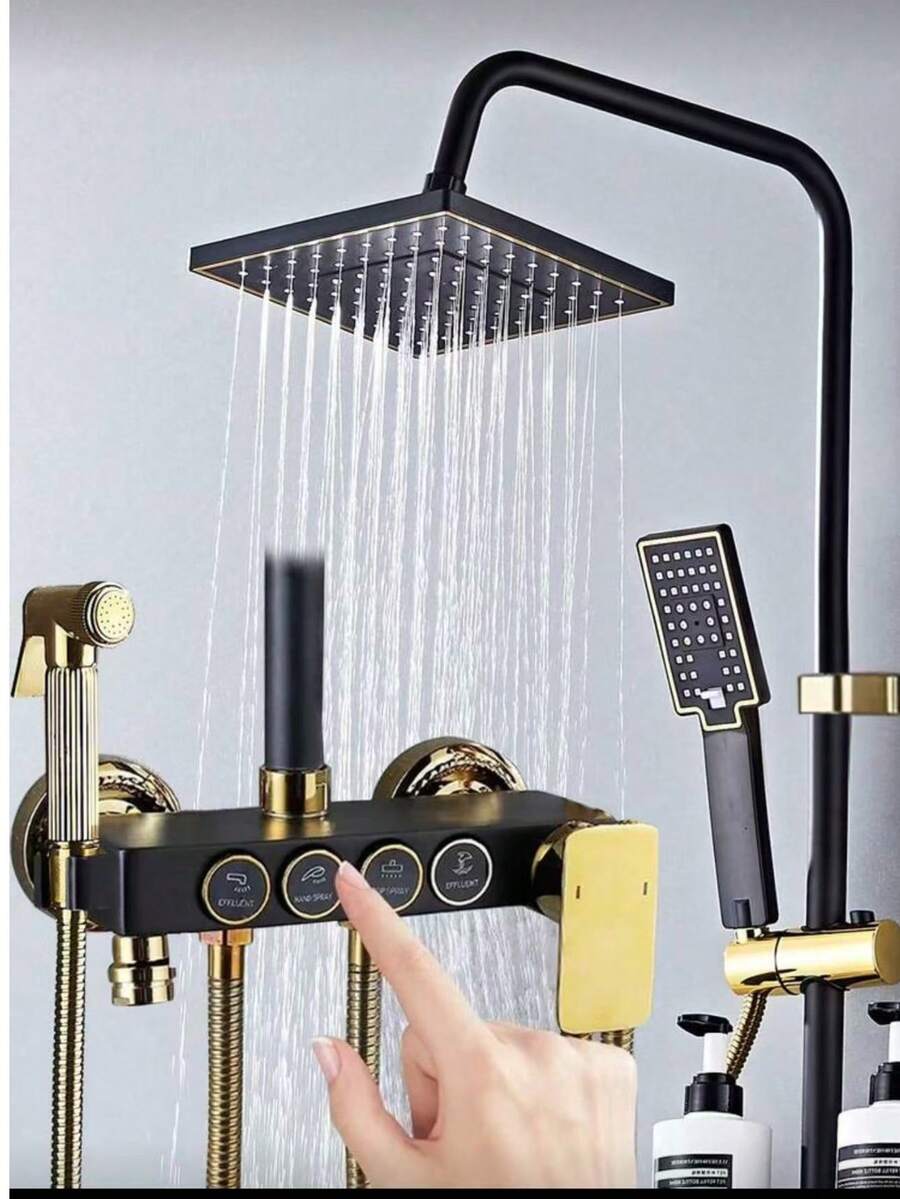 Shower Systems With 8-Inch Rain Shower Head And Handheld, Black Gold Exposed Shower System, 4-Function Tub Shower Faucet Sets, Rain Shower Head With Handheld Spray, Complete Shower System Kit With Brass Valve (Some Parts And Packaging May Be Random) Bathroom Bathroom Accessories Bathroom Tools - Black Gold - View 1