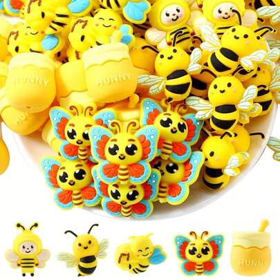 5/25/PCS 3D Bee Series Silicone Bead Set, Yellow Bee & Honey Pot Shaped Loose Beads, DIY Keychain Necklace Bracelet Decor Pen Jewelry Pendant, Holiday & Birthday Gift
