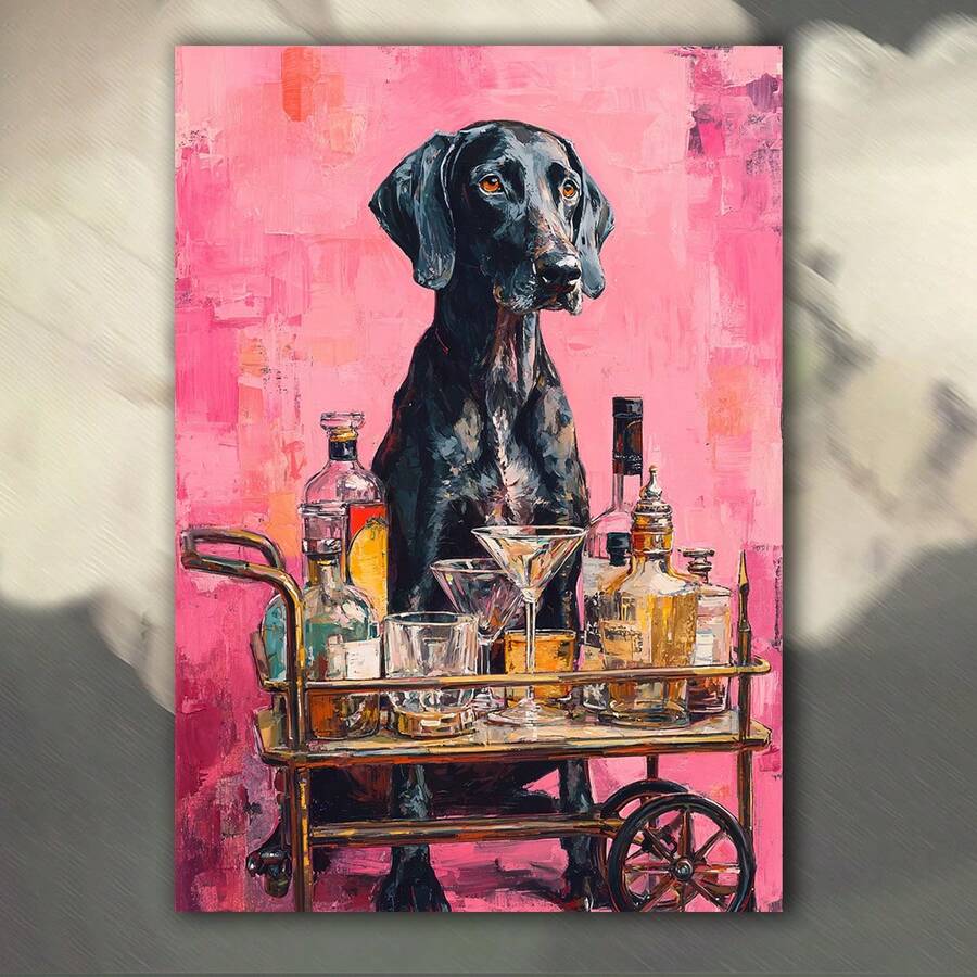 Póster artístico plano 2D, 1 pieza, con diseño de perro apuntador funky | Decoración de pared en lienzo de 30.48x40.64 cm, estilo preppy, carrito de bar con escena de martini, diseño divertido de perro apuntador alemán de pelo corto, ideal para el hogar o la oficina, adiciones de interiores de Hong Kong - Sin marco - Ver 1