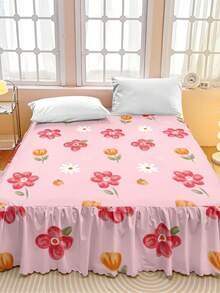 Juego de falda de cama con volantes con estampado floral rosa, falda de cama con volantes con estampado de tulipanes rojos, material de microfibra suave apto para colchones Queen/King/Twin/Full, decoración estética para el dormitorio - Multicolor - Ver 11