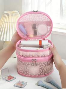 1个少女粉色豹纹网眼化妆包，奢华椭圆形多层圆筒化妆包，大容量便携旅行洗漱用品收纳包 - 彩色 - 查看 7