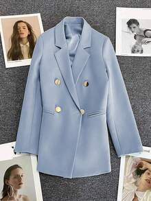 Spring & Summer Women's Solid Long Sleeve Double-Breasted Blazer, Notched Lapels | Ideal For Dates, Parties, Outings & Festive Celebrations - Baby Blue - View 4