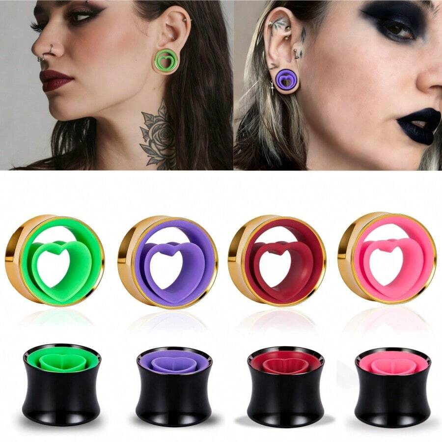 2件装闪亮情人节礼物不锈钢耳扩，可爱双色心形耳洞穿刺饰品女士派对耳环 - style-3 - 查看 1