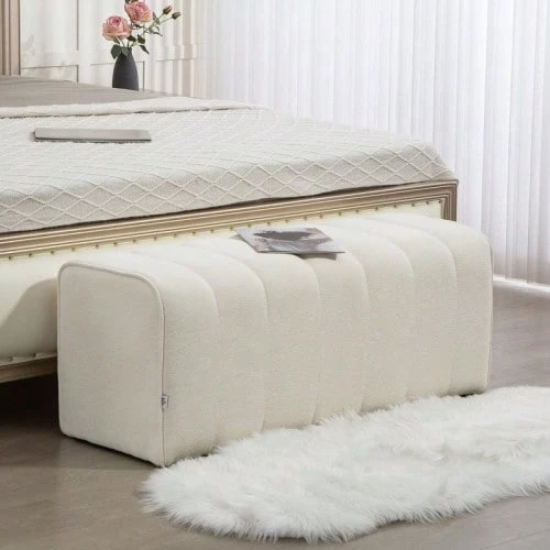 Modern Bedroom Bench, Upholstered Bench With Wooden Frame, Load Capacity Up To 220 Kg, Footrest, Cream White - White - View 1
