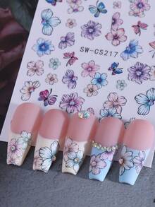 2pcs 3D Colorful Floral Nail Art Stickers, Self-Adhesive Purple, Pink, Blue Flower & Butterfly Nail Decals, Elegant Glossy Nail Art Decorations For Spring/Summer DIY - Multicolor - View 6