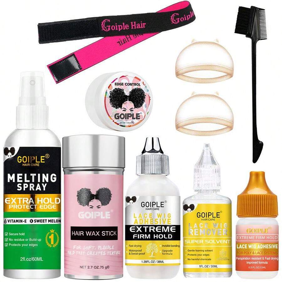 Goiple Waterproof Lace Glue Kit Wig Lace Bond Melting Spray Extra Hold For Lace Front Glueless Adhesive,Includes Lace Melting And Holding Spray,Wig Glue,Adhesive Remover,Rat Tail Comb, Double Sided Brush,Eyebrow Trimmer,Elastic Hair Band,HD Wig Caps - 10件 - 查看 1