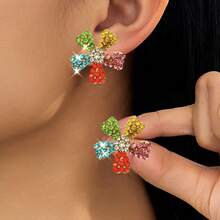 1 Pair Retro Colorful Crystal Flower Earrings, Versatile Summer Holiday Wear For Women - Multicolor - View 6