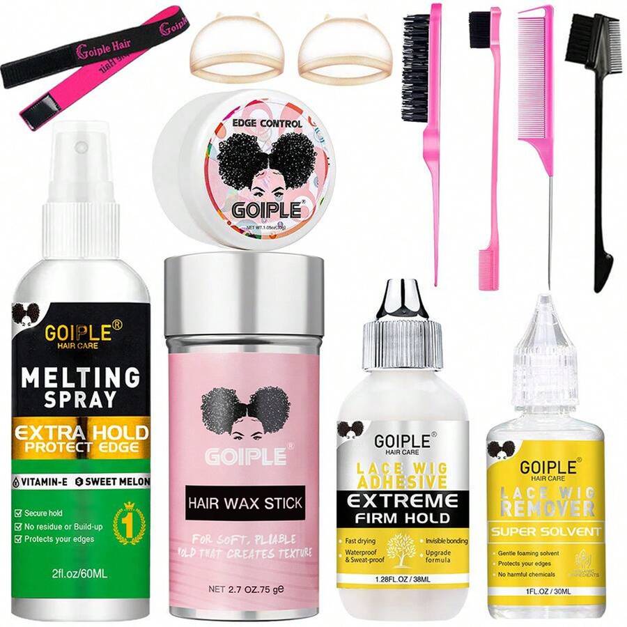 Goiple Waterproof Lace Glue Kit Wig Lace Bond Melting Spray Extra Hold For Lace Front Glueless Adhesive, Includes Lace Melting And Holding Spray, Wig Glue, Adhesive Remover, Rat Tail Comb, Teasing Brush, Double Sided Brush, Eyebrow Trimmer, Elastic Hair Band, 4PCS HD Wig Caps - 11件 - 查看 1