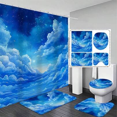 一套浴室装饰浴帘套装，防滑，蓝天白云图案，布艺材质，经久耐用，适合家用浴室。套装包含12个挂钩、防水浴帘、防滑浴垫、U型马桶垫、马桶盖套、浴室装饰品和浴室隔断。可机洗。营造温馨舒适的浴室氛围。