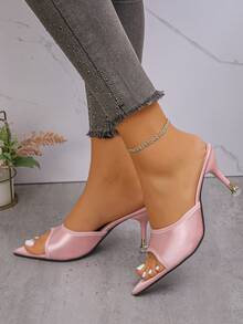Giày sandal cao gót mũi nhọn mùa hè mới! Chất liệu satin cao cấp, thiết kế mũi nhọn giúp thon gọn bàn chân, tạo vẻ ngoài nhẹ nhàng, phù hợp cho đi làm, hẹn hò, dự tiệc, kiểu dáng cao gót thanh lịch như tiên nữ. - Hồng - Xem 4