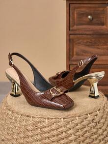 WHDXY Sepatu hak tinggi tanpa bagian belakang dengan hak asimetris 7cm, motif buaya cokelat, cocok untuk tempat kerja, gaya retro, kencan, sandal serbaguna dan elegan. - Rust Brown - View 4