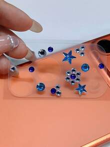 3片装相机镜头保护膜 + 1片星形水钻贴纸，闪亮星形水钻，兼容 17 Pro Max/17 Pro，相机闪光亮片镜头膜 - 藍星星 - 查看 3