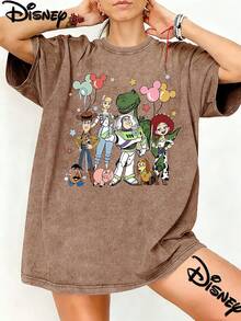 Disney ToyStory Squad Mickey Head Balloon Washed T-Shirt, Women's Oversized Vintage Short Sleeve Top, ToyStory All Characters Printed Casual Tee - 摩卡棕 - 查看 1